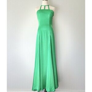 1930 40s Evening Gown Green Liquid Satin Halter Full Skirt Dress Hollywood Small
